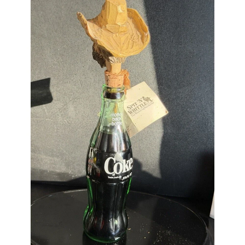 Vintage Coca Cola Bottle with Hand-Carved Wooden TopperFigurine
